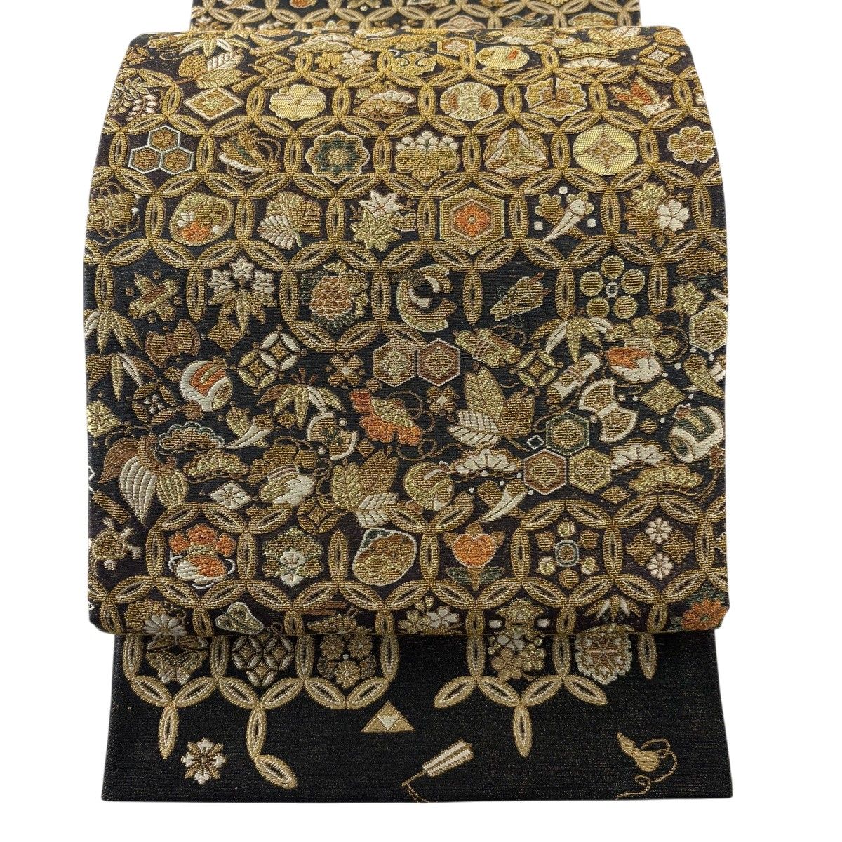 【美品】 袋帯 名品 松竹梅 有職文様 唐織 金銀糸 墨色 お太鼓柄 正絹 【中古】