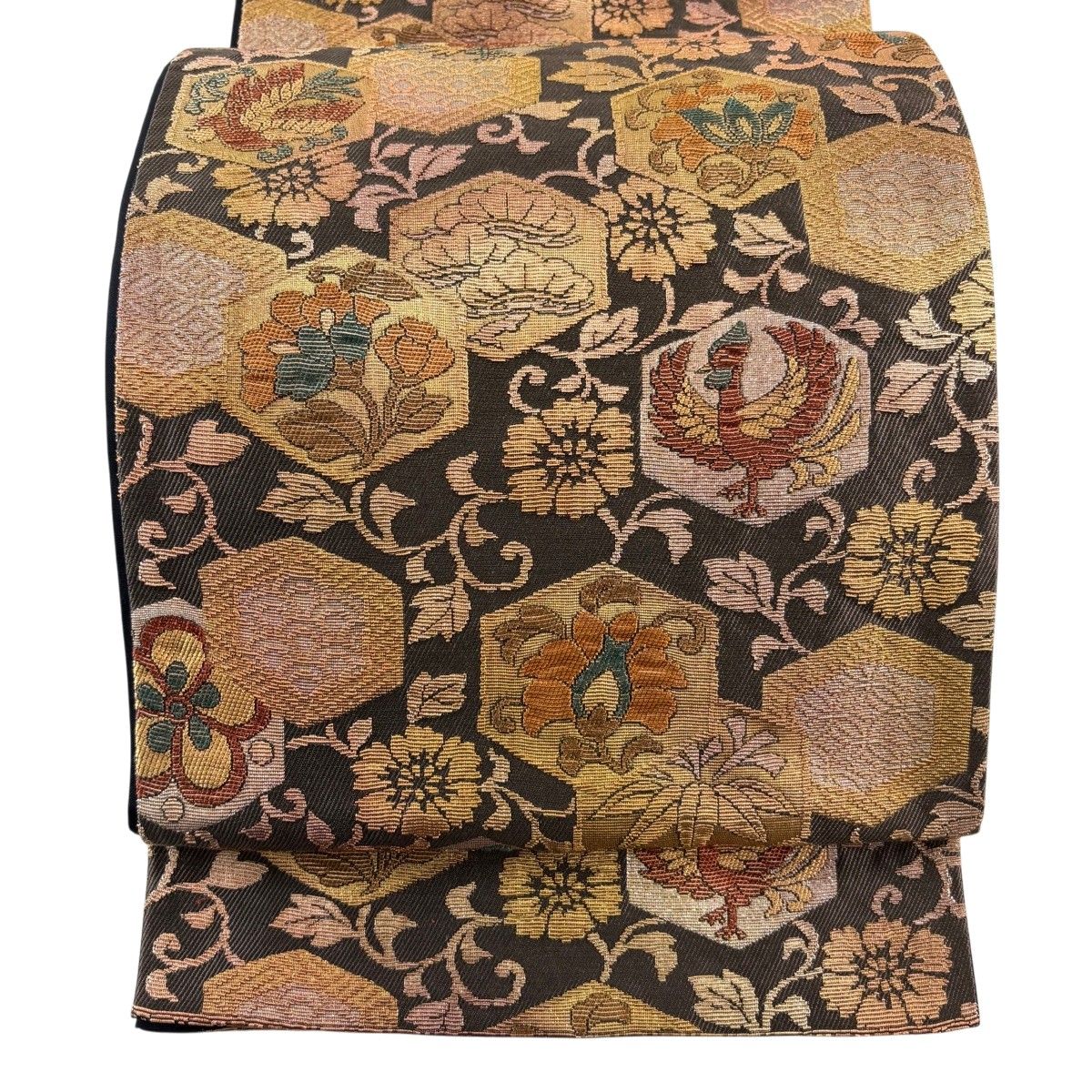【美品】 袋帯 名品 絹莫臥爾錦 亀甲 花鳥 箔 灰茶 六通 正絹 【中古】