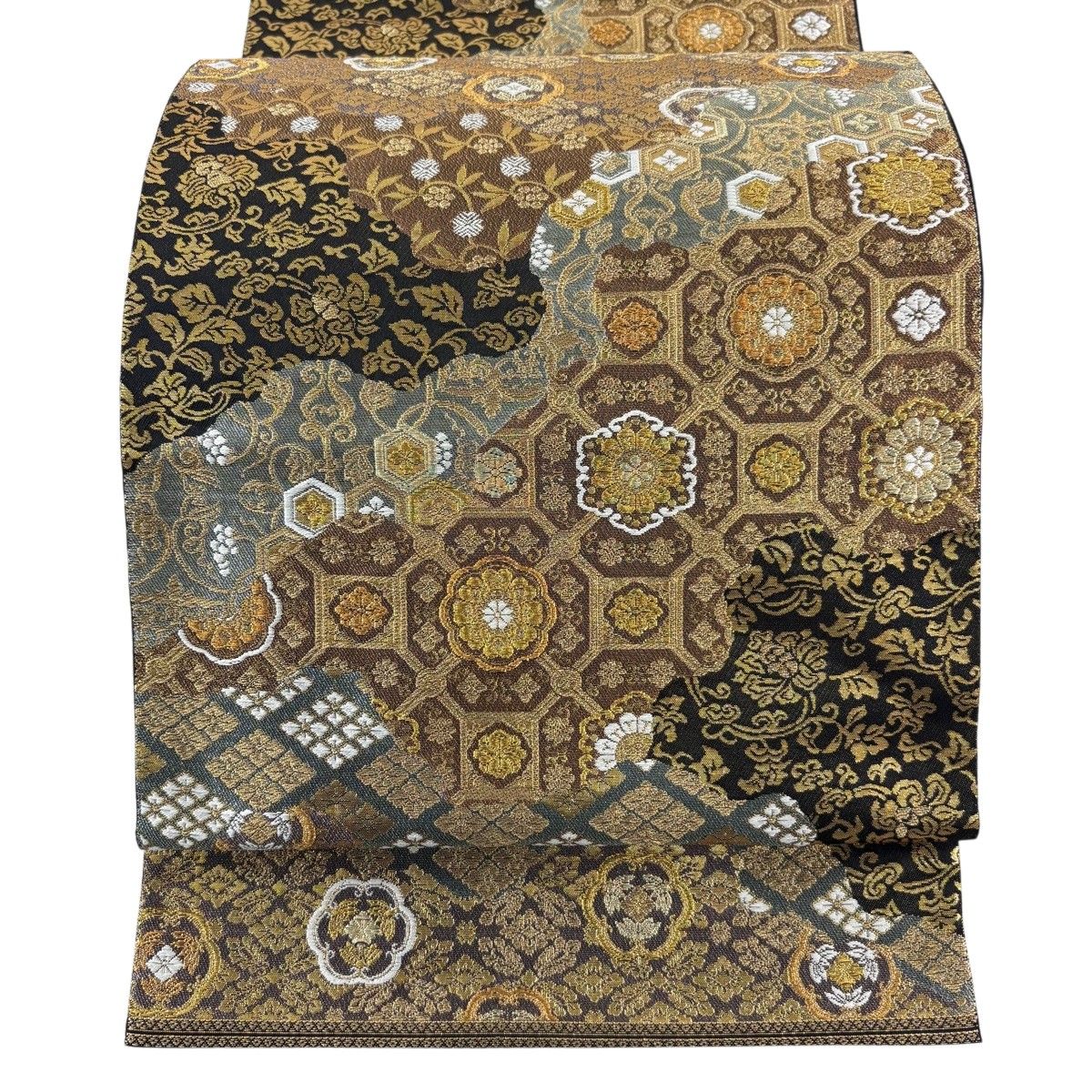 【美品】 袋帯 名品 服部織物 落款 西陣 関西仕立て 道長取り 草花 金糸 箔 金色 六通 正絹 【中古】