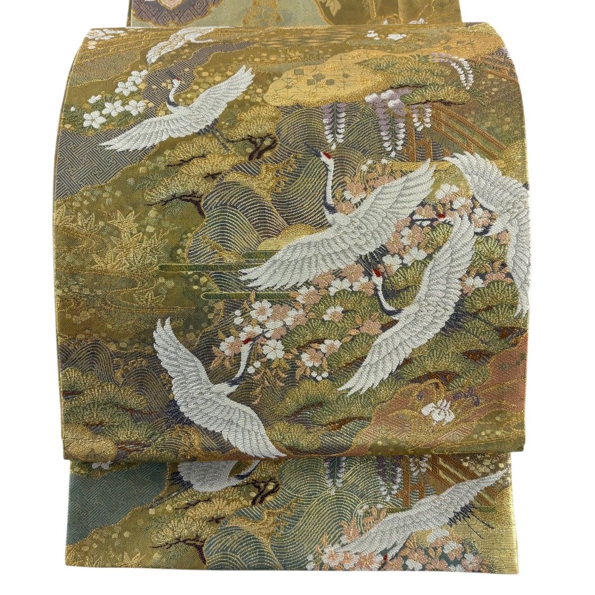 【美品】 袋帯 名品 鶴 松梅 金糸 箔 金色 お太鼓柄 正絹 【中古】