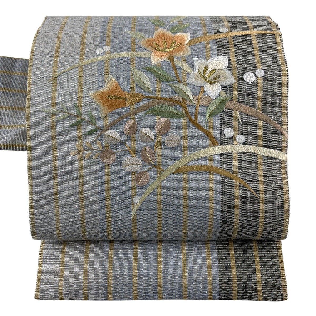 名古屋帯 名品 枝花 萩 刺繍 金糸 青灰色 正絹 【中古】