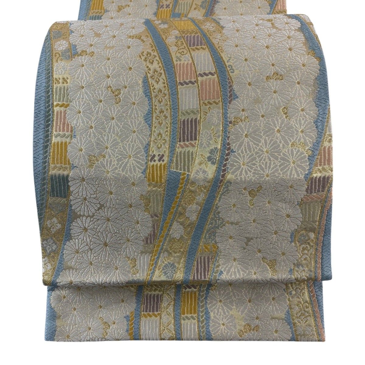 【美品】 袋帯 名品 菊 よろけ縞 唐織 箔 水色 六通 正絹 【中古】