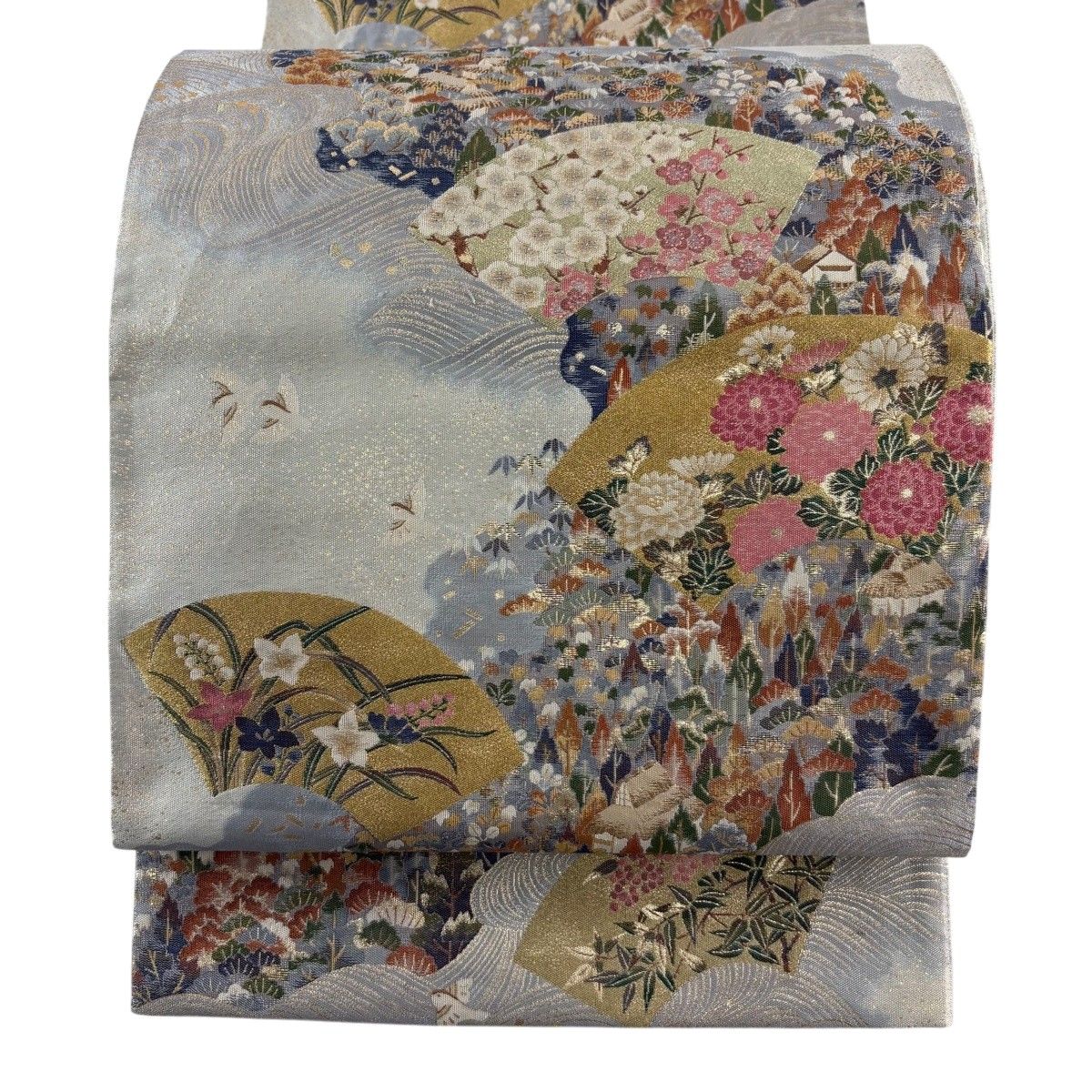 袋帯 名品 証紙 扇面 家屋 箔 灰色 六通 正絹 【中古】