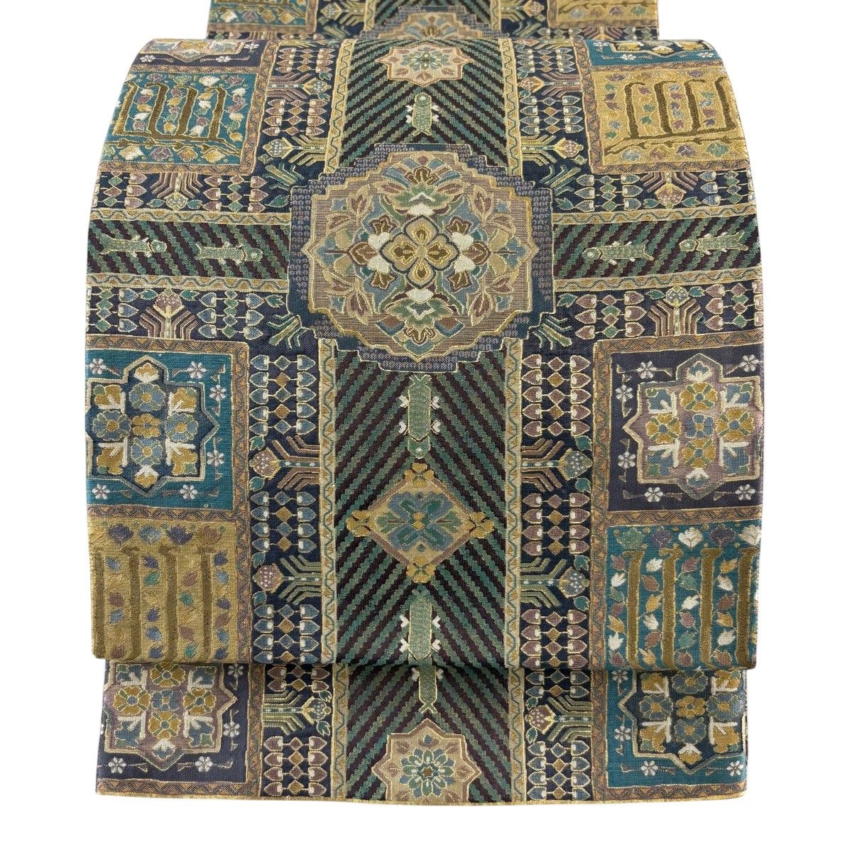 袋帯 名品 関西仕立て 華文 幾何学模様 箔 青緑 六通 正絹 【中古】