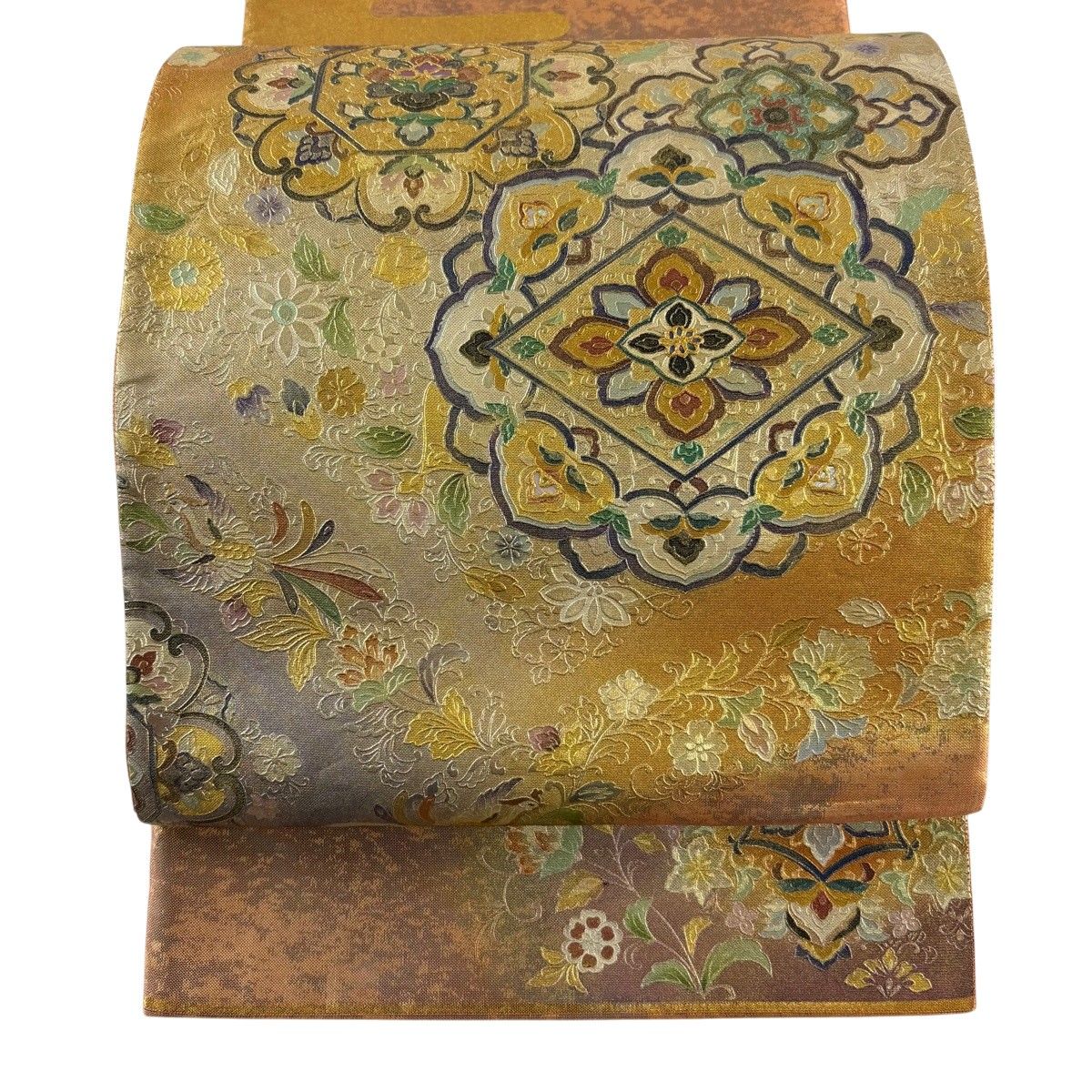 袋帯 名品 華文 花唐草 螺鈿 金銀彩 オレンジ お太鼓柄 正絹 【中古】