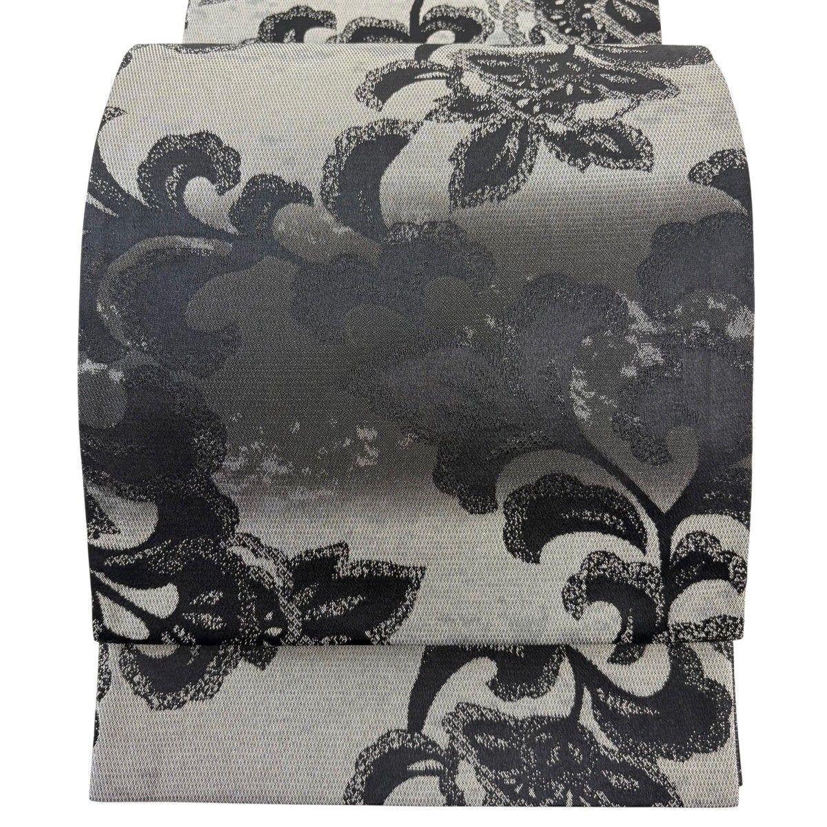 【美品】 袋帯 名品 花唐草 段縞 銀糸 ぼかし 黒 全通 正絹 【中古】