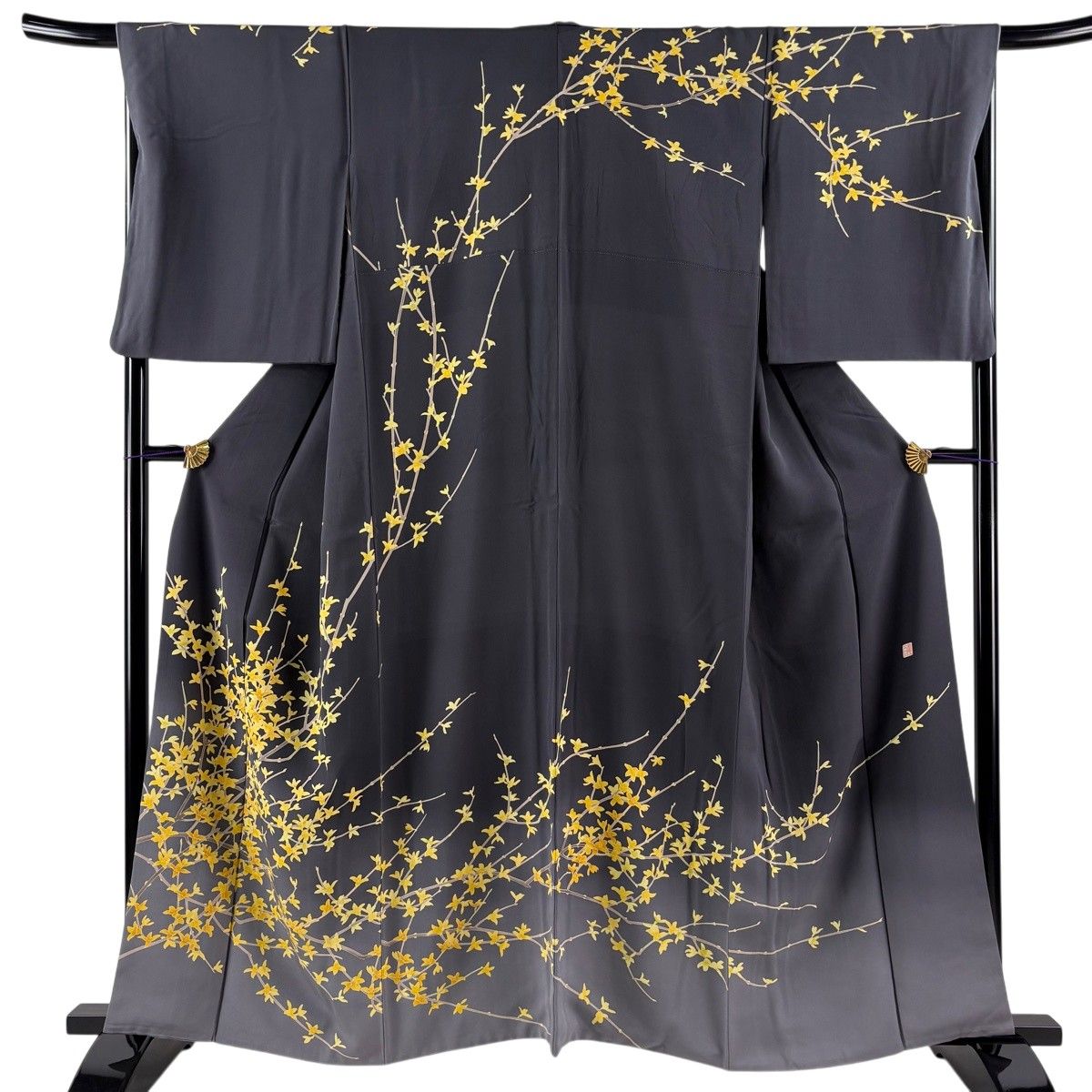 訪問着 身丈159.5cm 裄丈67.5cm L 袷 落款 枝花 ぼかし 黒灰 正絹 逸品 【中古】