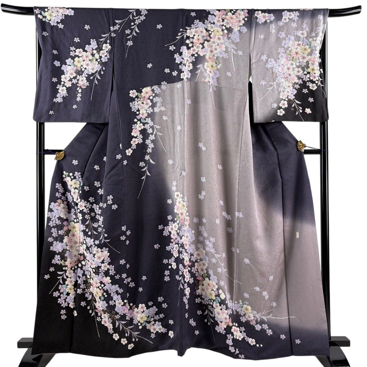 訪問着 身丈161cm 裄丈67.5cm L 袷 徳永憲峯 落款 花 桜 金通し 金彩 濃紫 正絹 逸品 【中古】