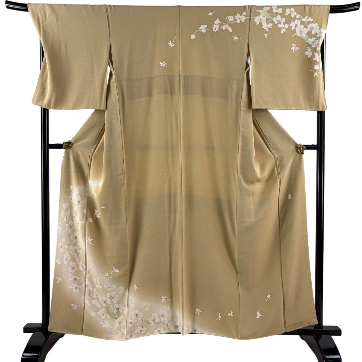 【美品】 訪問着 身丈160cm 裄丈69.5cm L 袷 加賀友禅 南克治 やまと 落款 証紙 胡蝶蘭 ぼかし 薄黄土色 正絹 逸品 【中古】