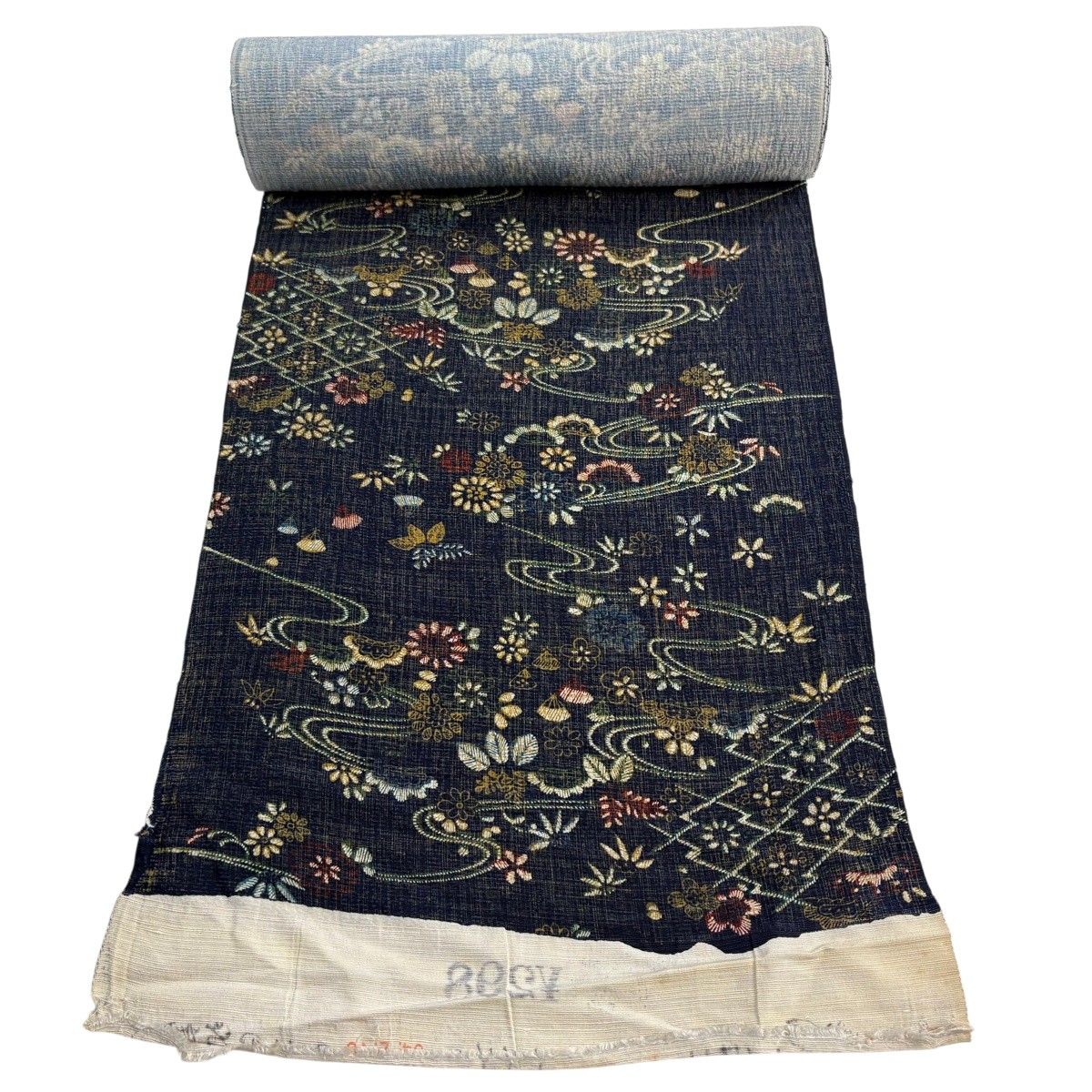 反物 秀品 小紋 紬地 草花 流水 紺色 正絹 【中古】