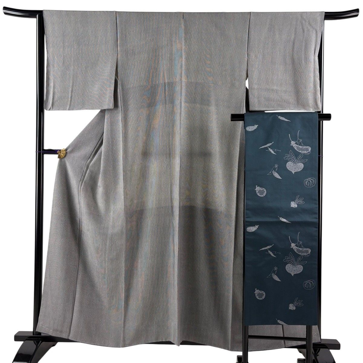 小紋 身丈158.5cm 裄丈64.5cm M 袷 名古屋帯セット 幾何学 灰色 正絹 秀品 【中古】
