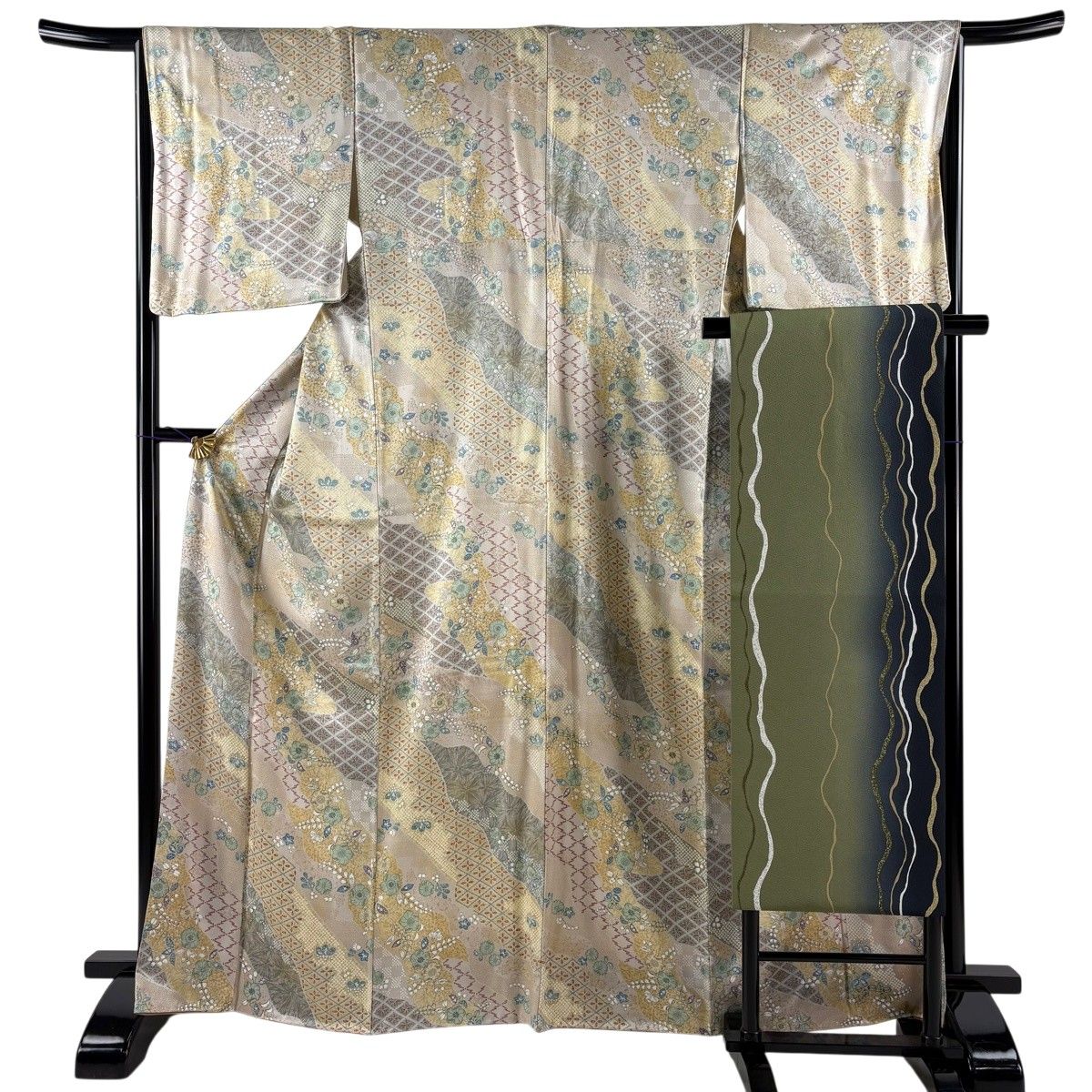 【美品】 小紋 身丈166cm 裄丈64cm M 袷 名古屋帯セット 草花 道長取り ベージュ 正絹 秀品 【中古】
