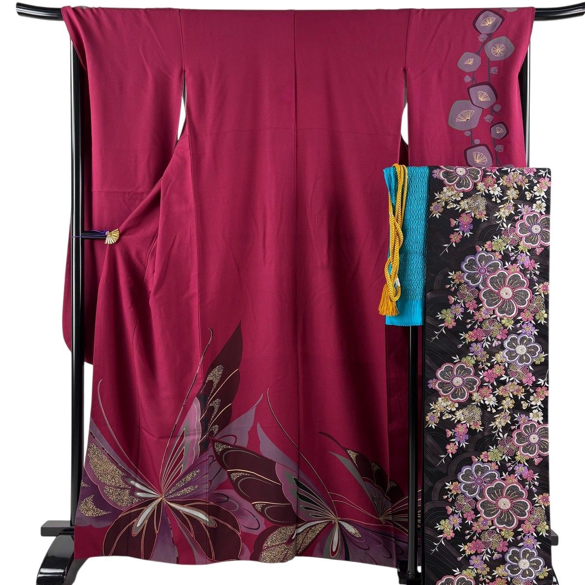 振袖 身丈164cm 裄丈68cm L 袷 袋帯フルセット 蝶 金彩 赤紫 正絹 秀品 【中古】