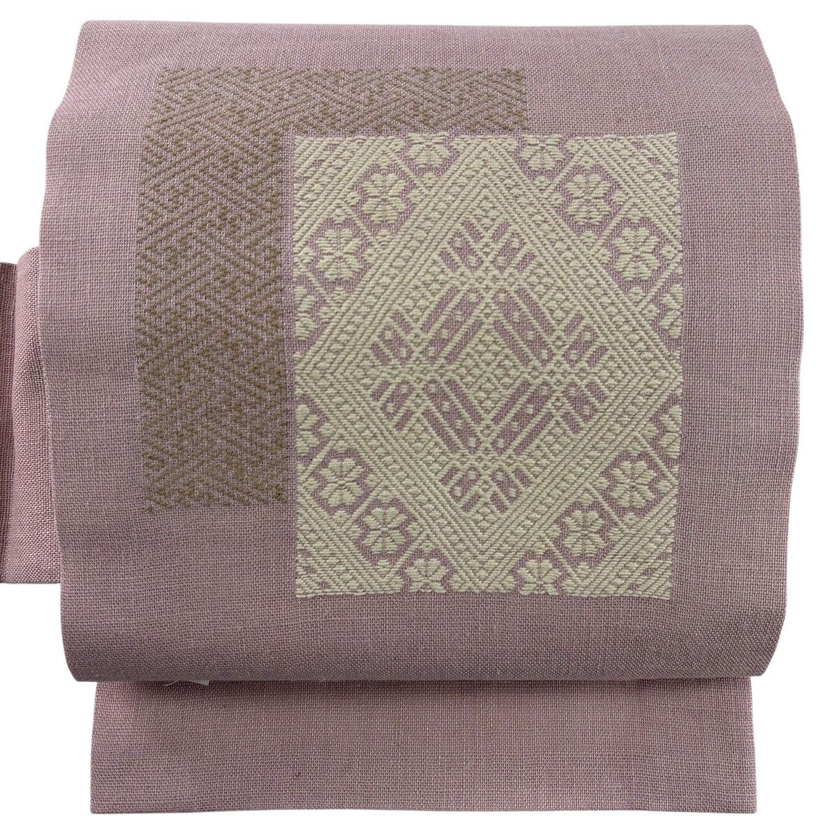 名古屋帯 逸品 菱 花 灰桜 正絹 【中古】