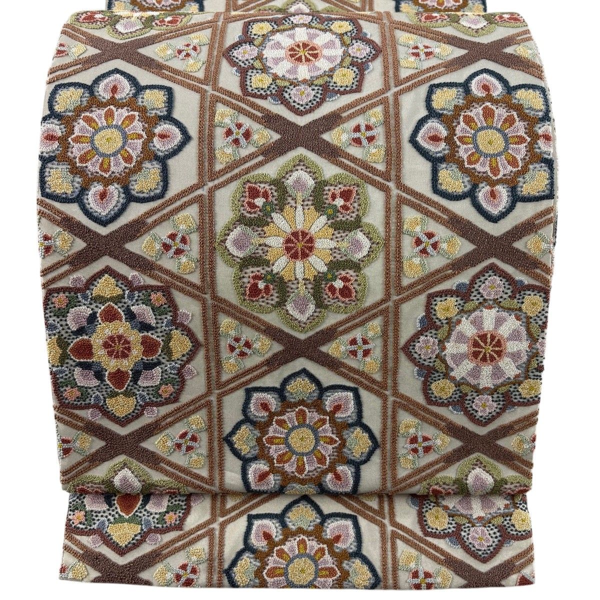 【美品】 袋帯 逸品 華文 亀甲 相良刺繍 灰色 六通 正絹 【中古】