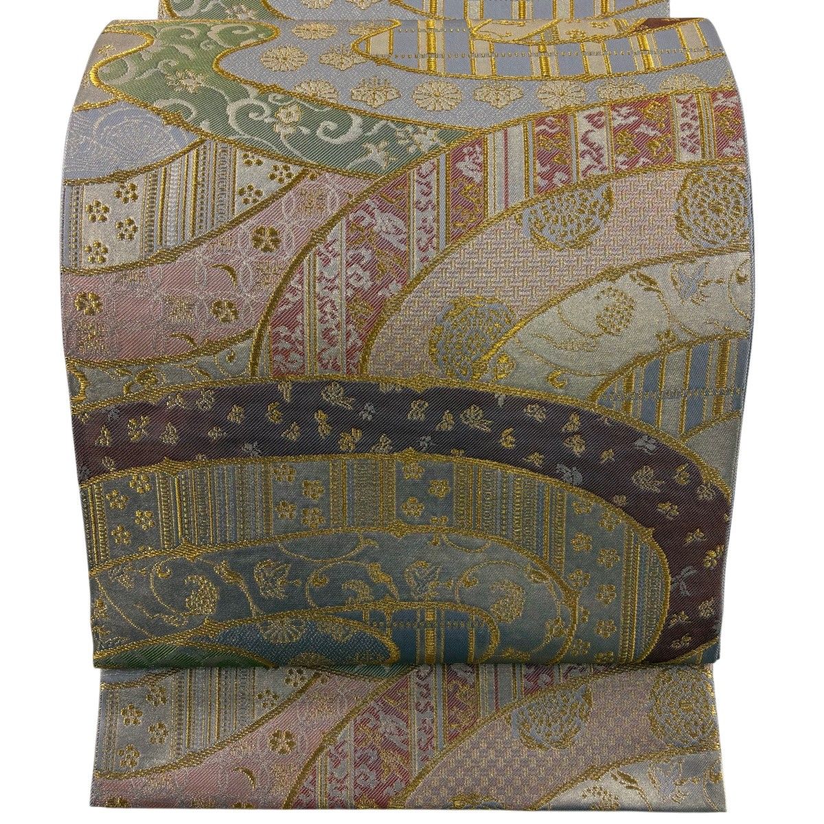 【美品】 袋帯 逸品 北出与三郎 落款 名物裂曜変流水文様 花唐草 金糸 箔 灰紫 六通 正絹 【中古】