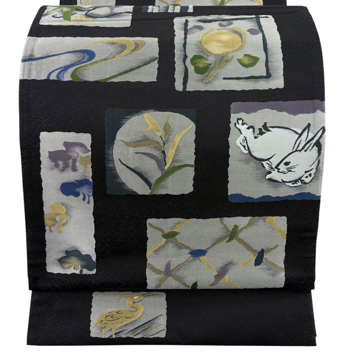 【美品】 袋帯 逸品 菱屋善兵衛 落款 うさぎ 草花 黒 六通 正絹 【中古】