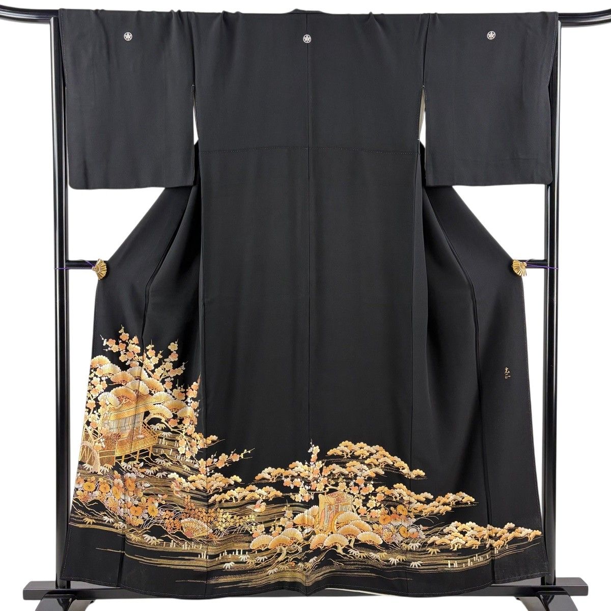 黒留袖 身丈156cm 裄丈66.5cm M 袷 和田光正 落款 松竹梅 建物 金銀彩 黒 正絹 名品 【中古】