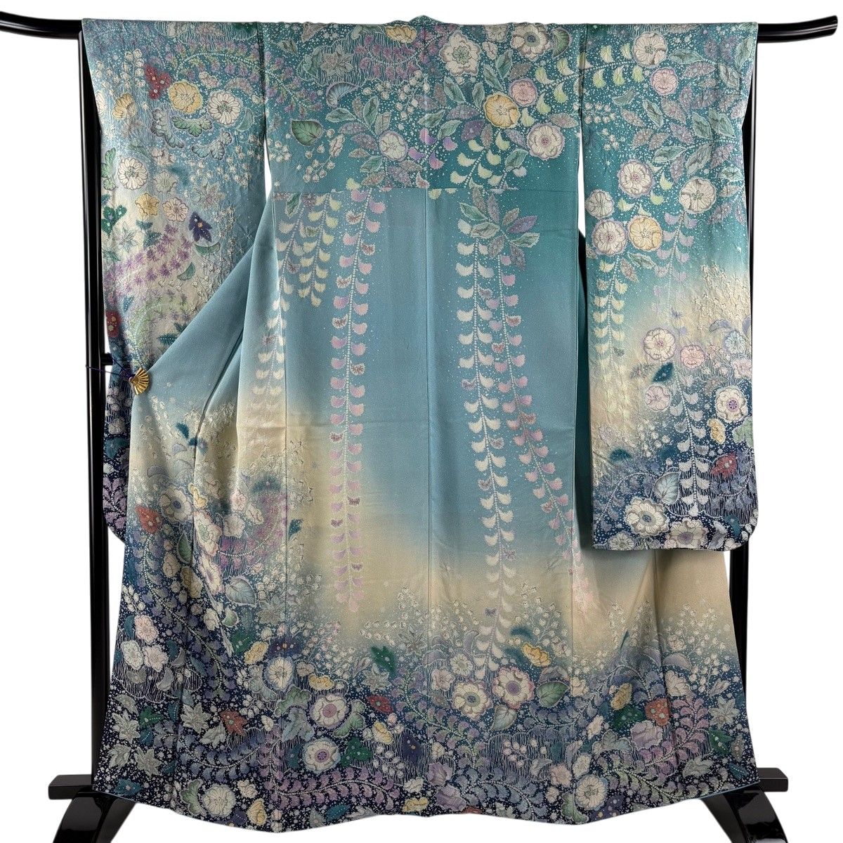 振袖 身丈163.5cm 裄丈66cm M 袷 辻が花柄 草花 ぼかし 水色 正絹 名品 【中古】