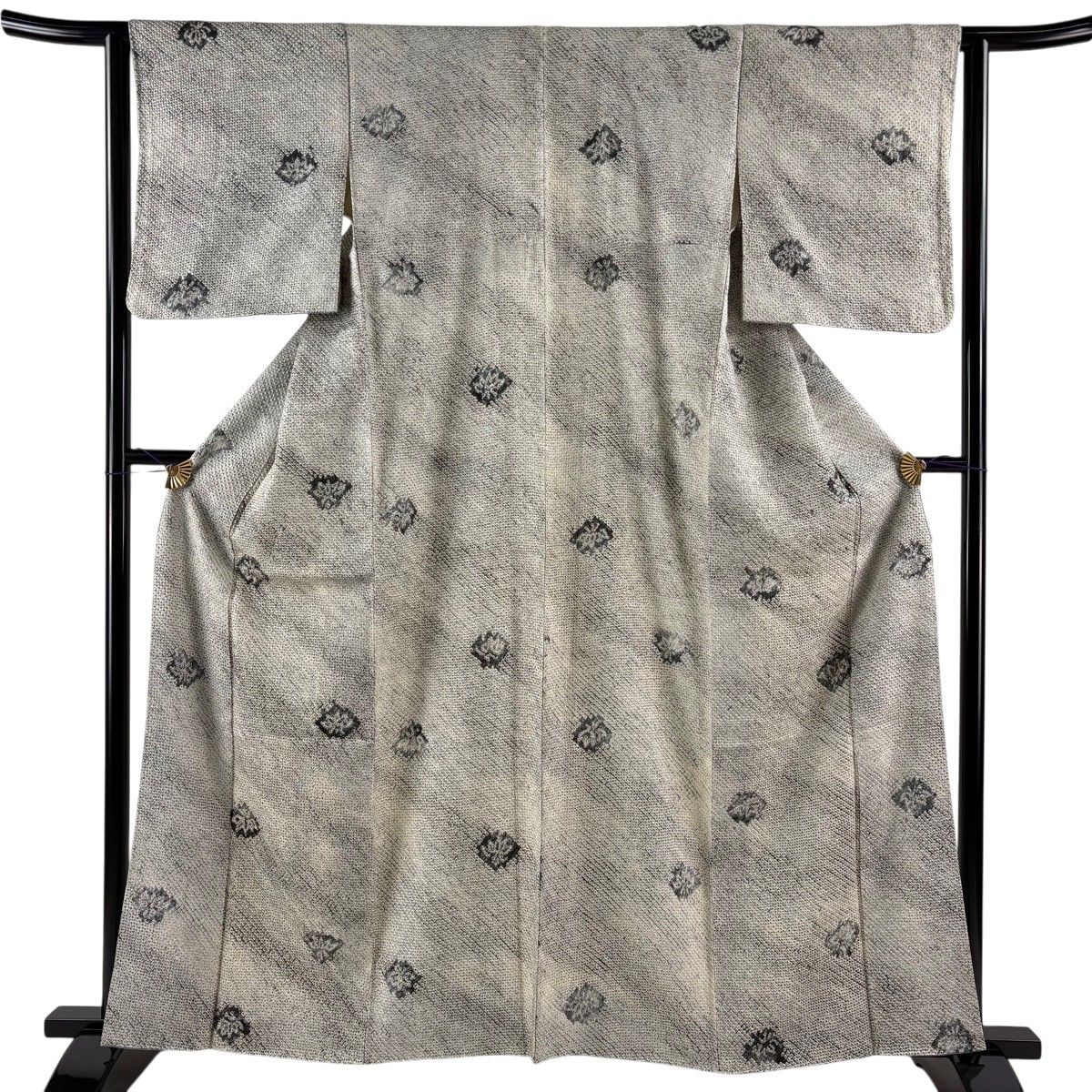 小紋 身丈161cm 裄丈62cm S 袷 花 絞り 灰白 正絹 名品 【中古】