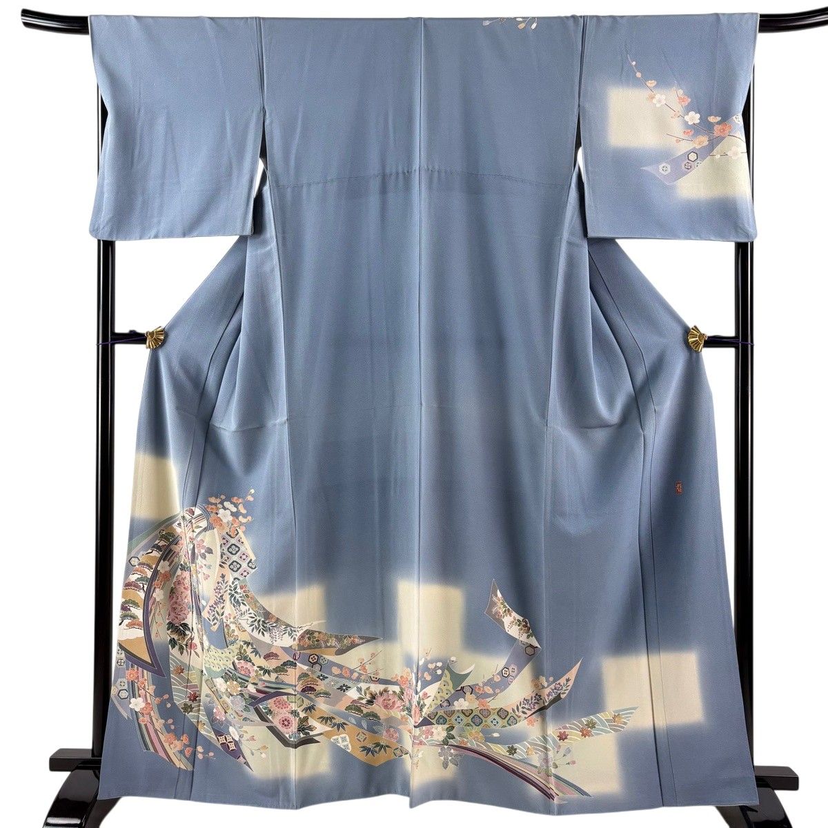 訪問着 身丈164.5cm 裄丈68cm L 袷 田村哲彦 落款 束ね熨斗 松竹梅 染め分け ぼかし 青灰色 正絹 逸品 【中古】