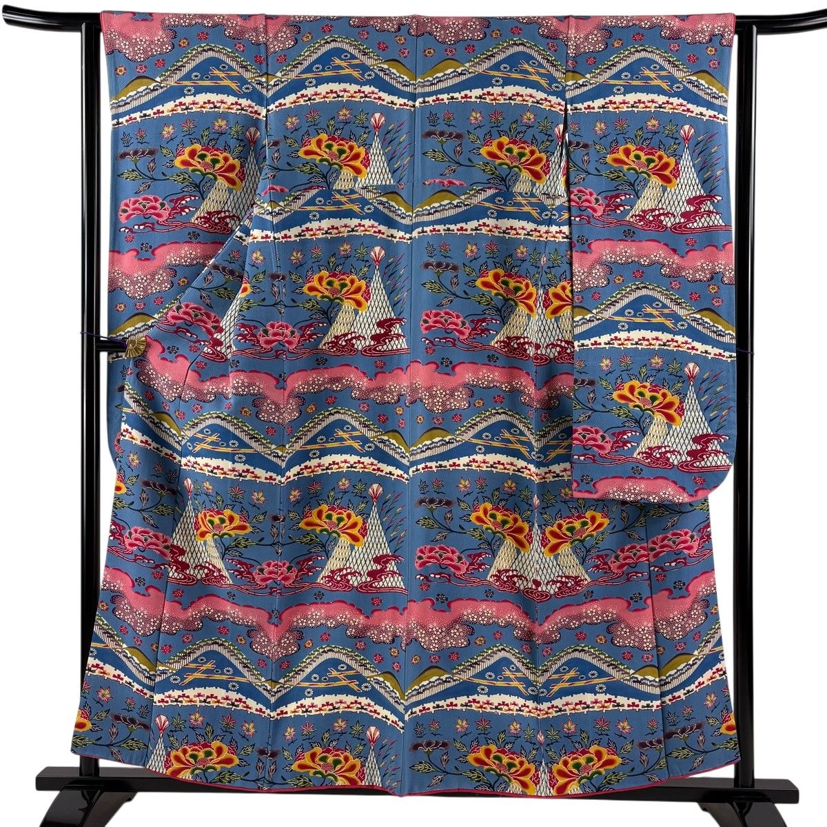振袖 身丈157.5cm 裄丈62cm S 袷 網干 草花 染め分け 青 正絹 逸品 【中古】