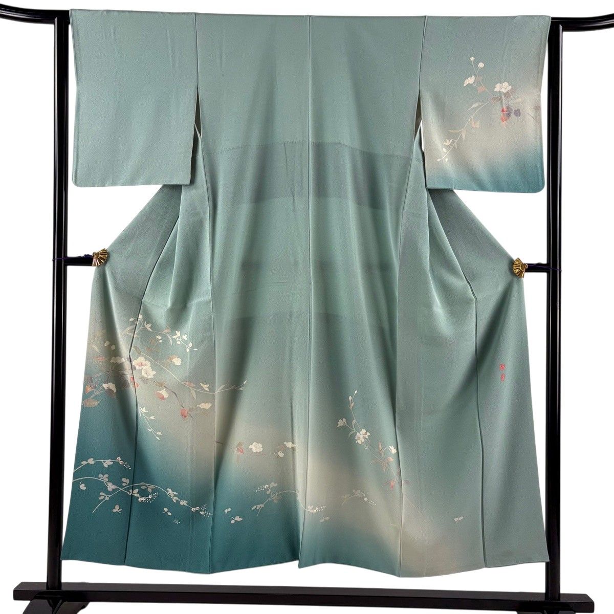 訪問着 身丈151cm 裄丈63cm S 袷 百貫石峰 落款 草花 萩 薄緑 正絹 逸品 【中古】 25,760円
