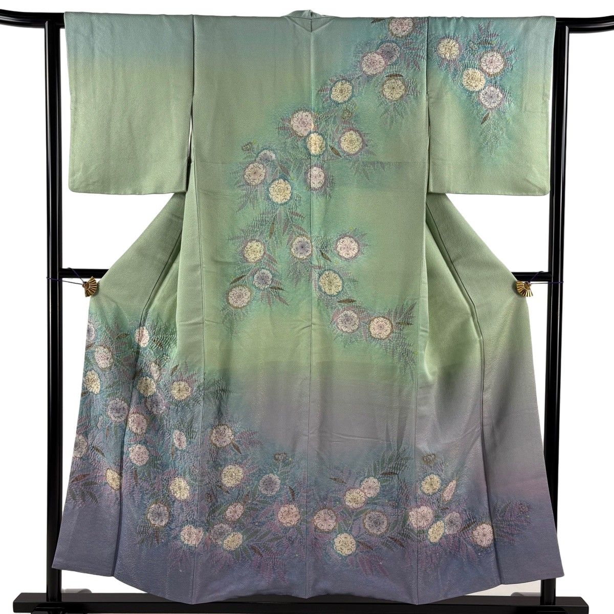 訪問着 身丈154cm 裄丈63cm S 袷 辻が花 金通し 染め分け 薄緑 正絹 名品 【中古】