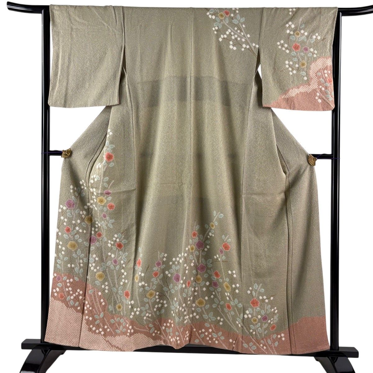 訪問着 身丈156cm 裄丈64cm M 袷 枝梅 金彩 絞り 灰緑 正絹 名品 【中古】