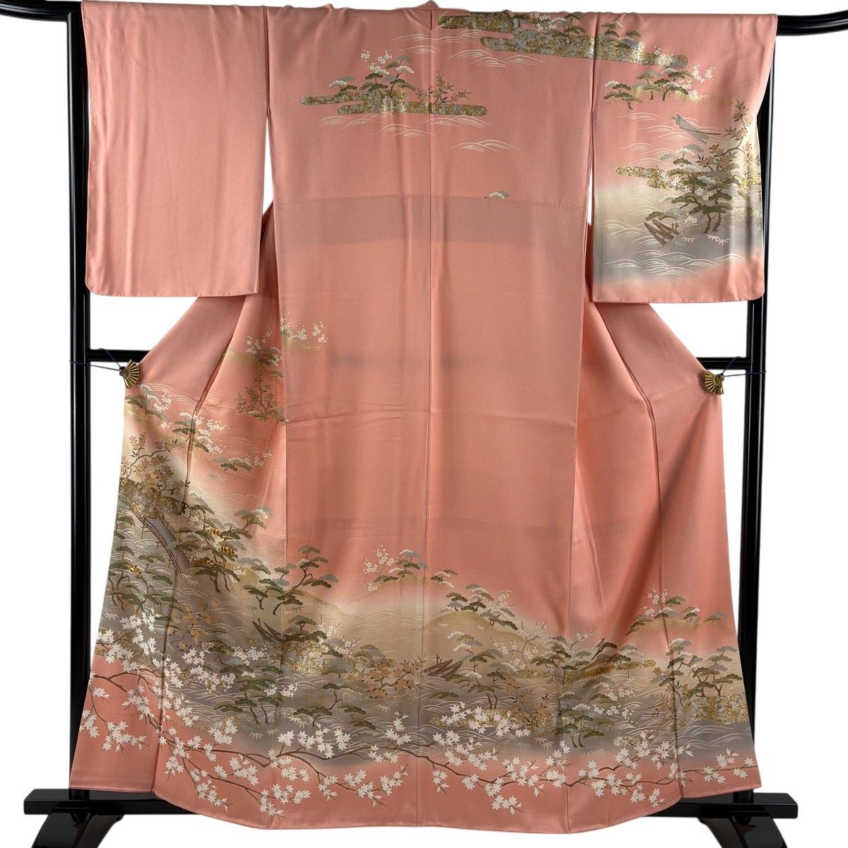 訪問着 身丈159cm 裄丈66cm M 袷 鈴乃屋 橋 笠松 金糸 金銀彩 ピンク 正絹 名品 【中古】