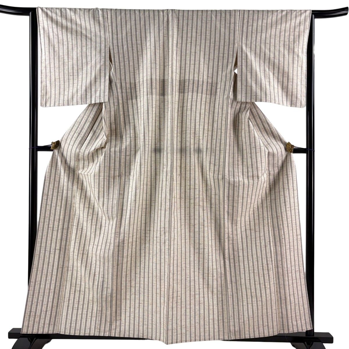 【美品】 紬 身丈158cm 裄丈64cm M 単衣 縦縞 クリーム 正絹 名品 【中古】