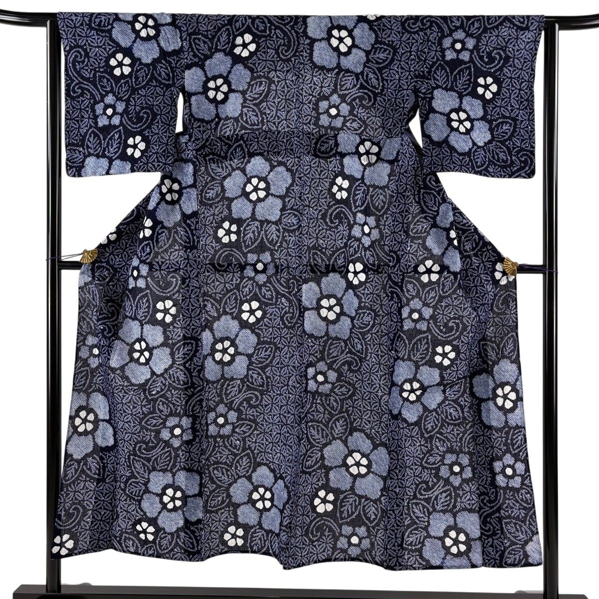 【美品】 浴衣 身丈148cm 裄丈63cm S 絞り浴衣 草花 七宝 紺色 綿 名品 【中古】