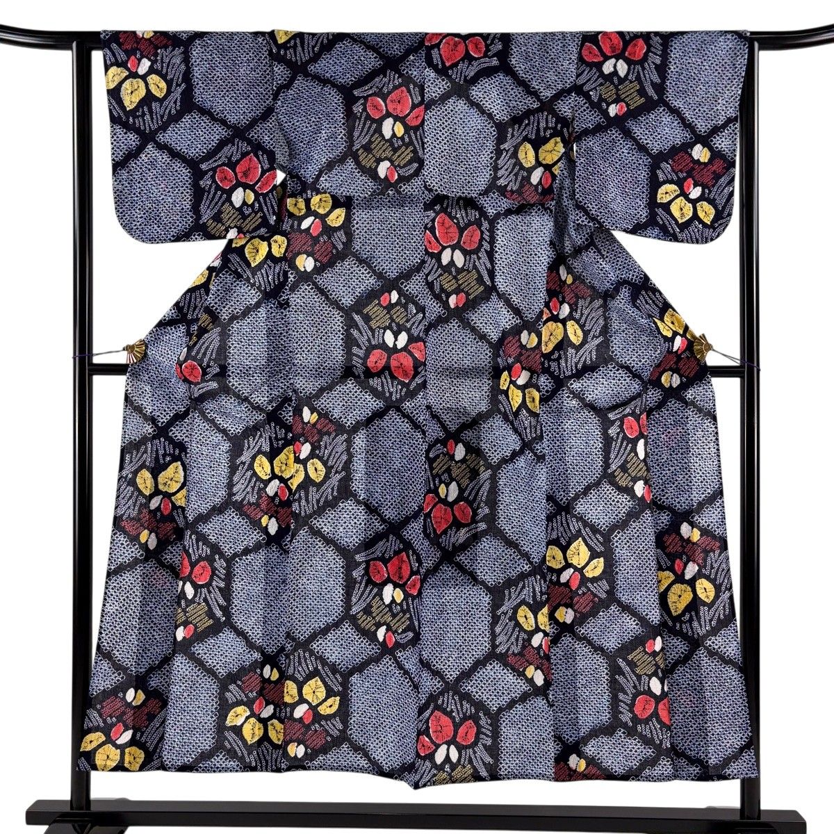 【美品】 浴衣 身丈151cm 裄丈63.5cm S 絞り浴衣 草花 紺色 綿 名品 【中古】