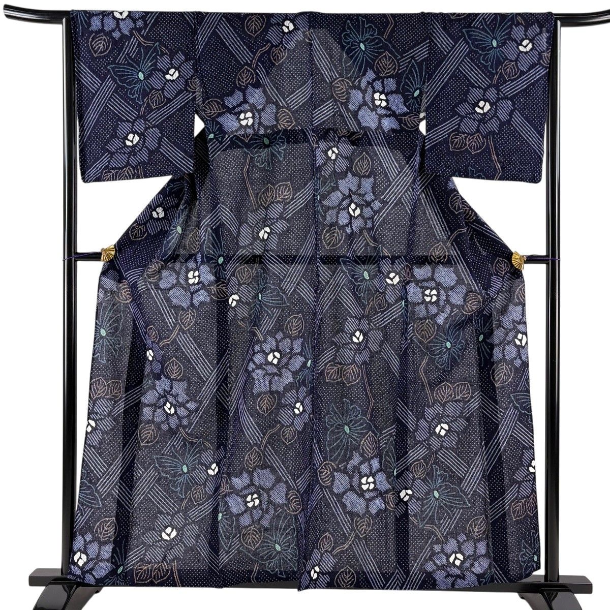 【美品】 浴衣 身丈158cm 裄丈64.5cm M 絞り浴衣 草花 蝶 紺色 綿 名品 【中古】