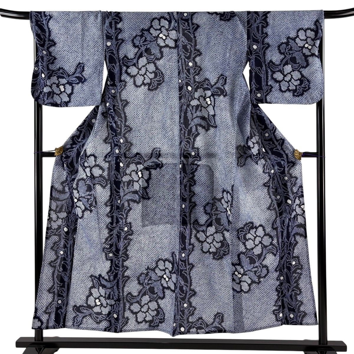 【美品】 浴衣 身丈152.5cm 裄丈68.5cm L 絞り浴衣 草花 紺色 綿 名品 【中古】