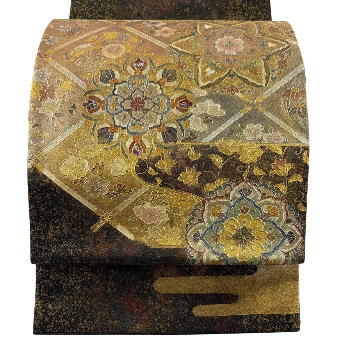 【美品】 袋帯 名品 華文 草花 螺鈿 金銀彩 墨色 お太鼓柄 正絹 【中古】