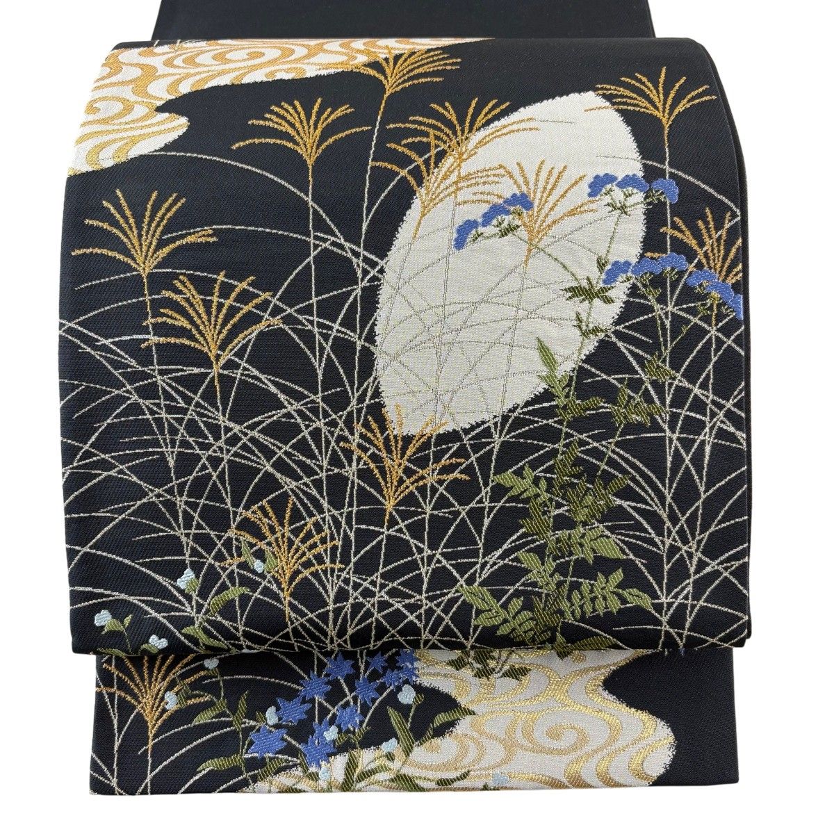 【美品】 袋帯 名品 秋草 流水 金銀糸 箔 墨色 お太鼓柄 正絹 【中古】