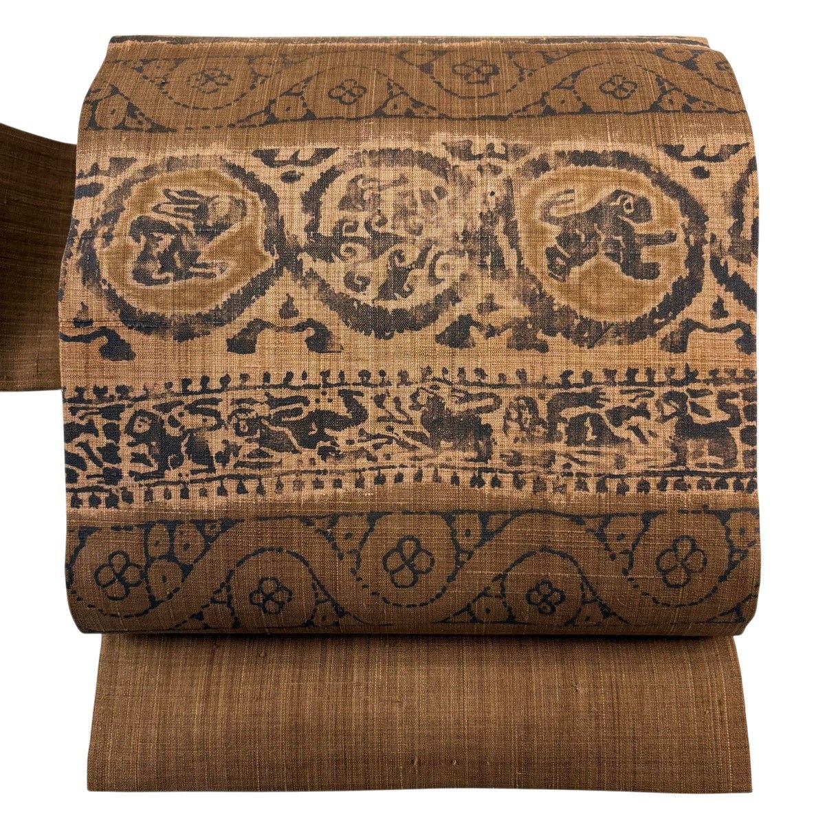 【美品】 名古屋帯 名品 紬地 草花 動物 茶色 正絹 【中古】