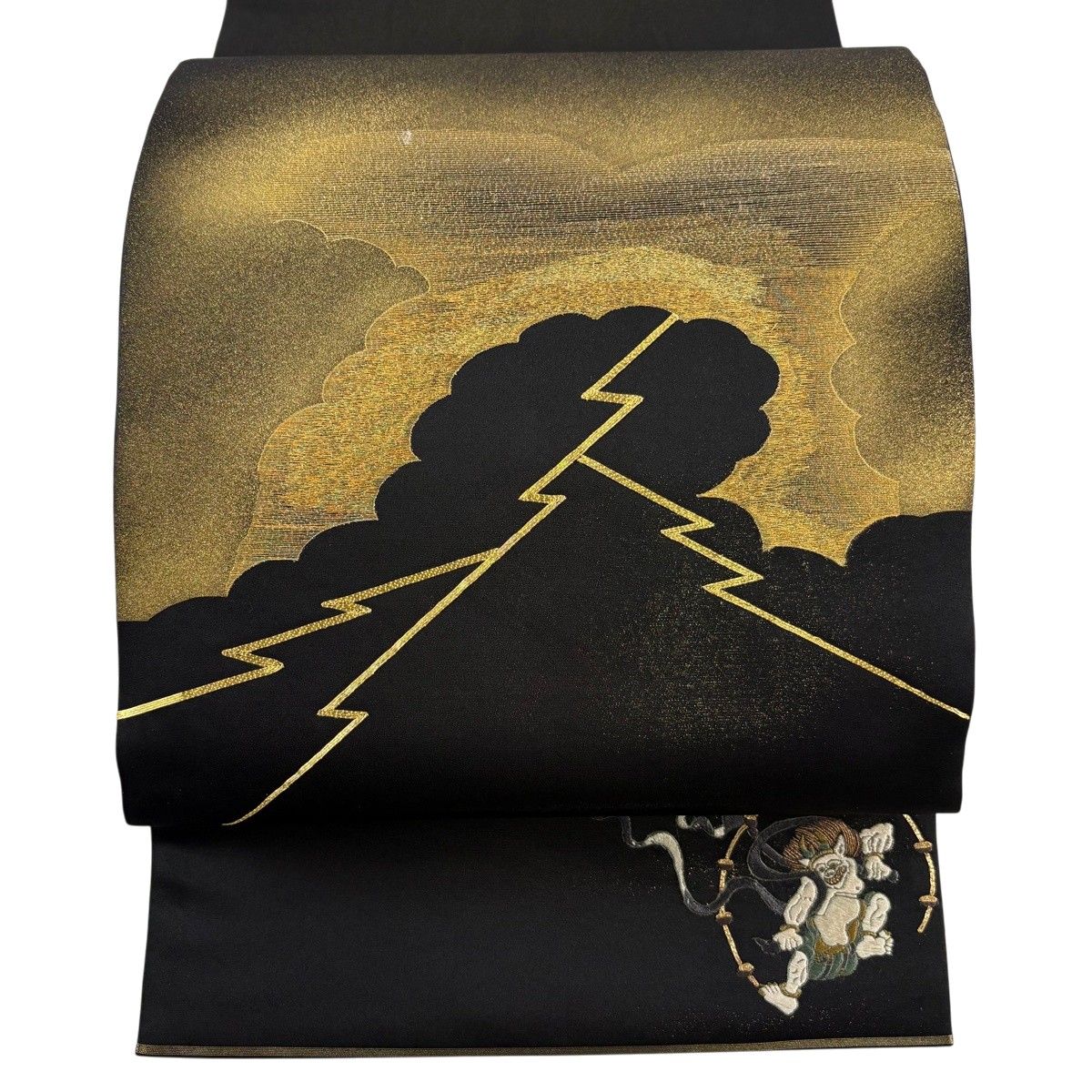 【美品】 袋帯 名品 関西仕立て 稲妻文 雲文 金糸 金彩 黒 お太鼓柄 正絹 【中古】