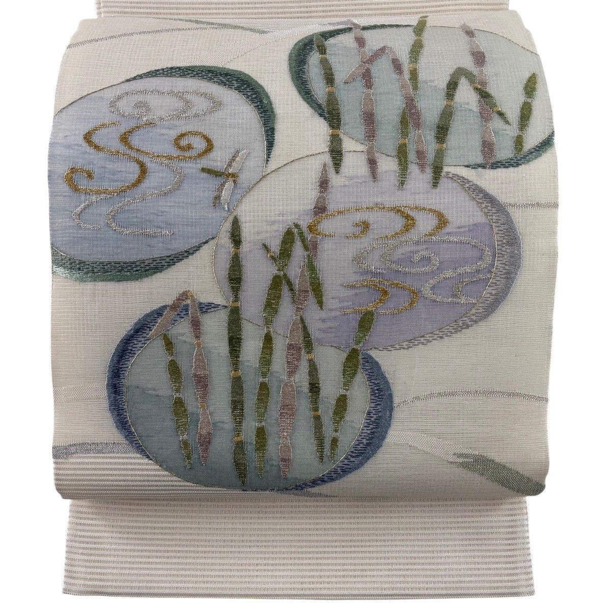 袋帯 名品 夏帯 絽 木賊 流水 金銀糸 刺繍 クリーム お太鼓柄 正絹 【中古】