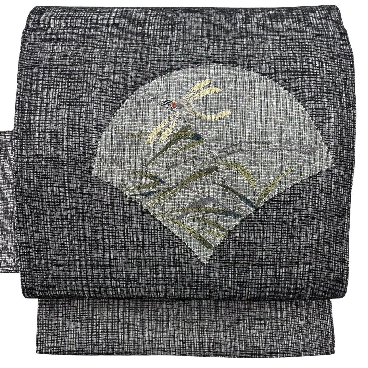 名古屋帯 名品 トンボ 葉柄 銀糸 黒 正絹 【中古】