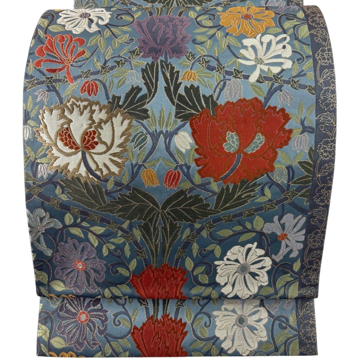 【美品】 袋帯 名品 花唐草 箔 灰緑 六通 正絹 【中古】