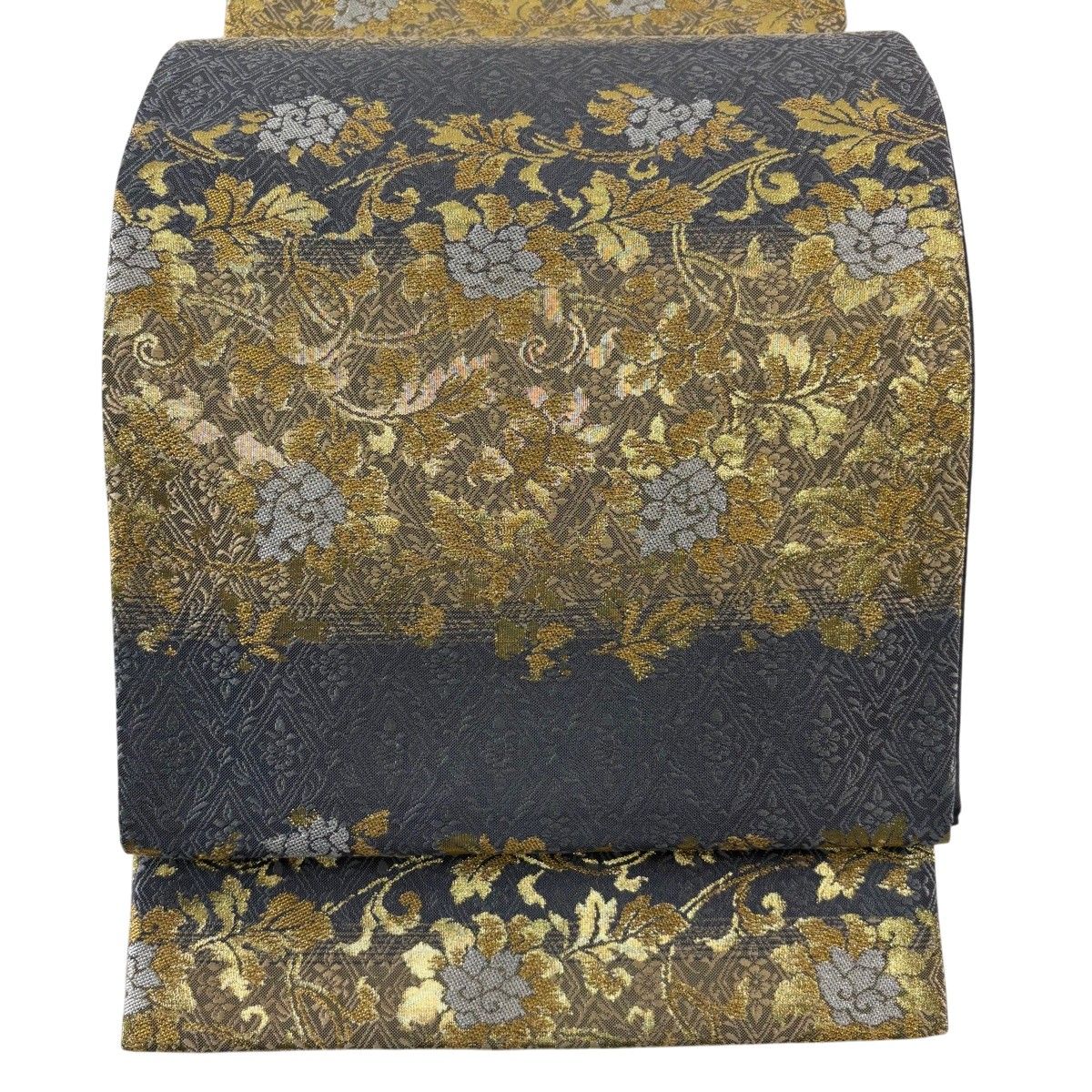 【美品】 袋帯 名品 花唐草 菱 金銀糸 箔 灰色 六通 正絹 【中古】