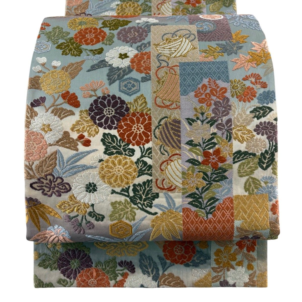 袋帯 名品 糸巻き 草花 金糸 唐織 灰緑 六通 正絹 【中古】