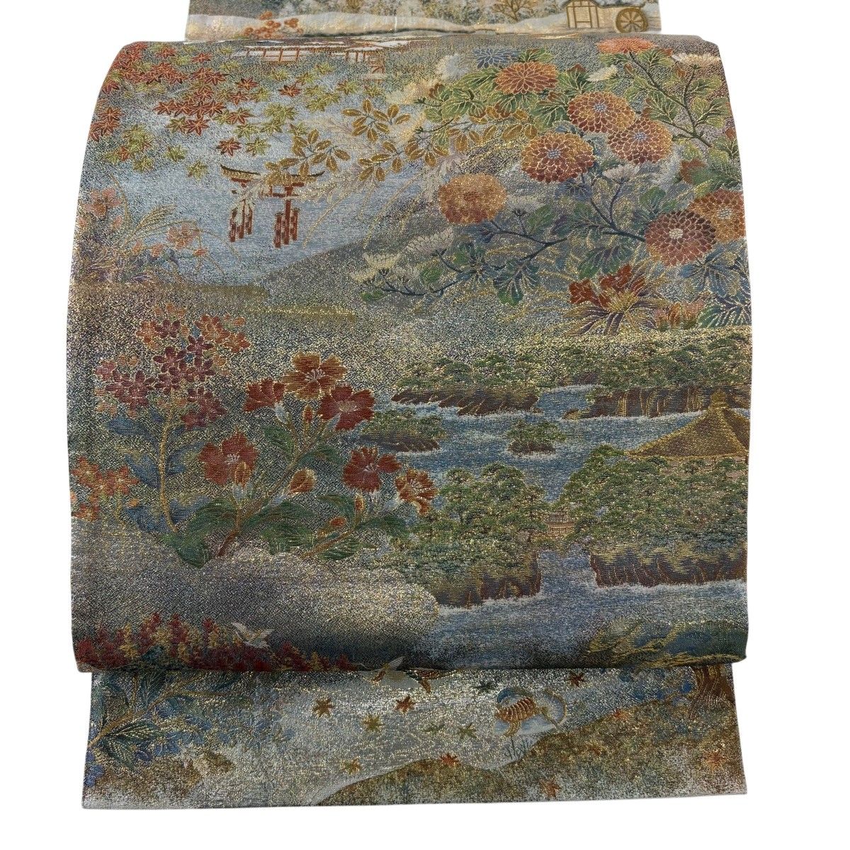 【美品】 袋帯 名品 リバーシブル 四季 百花百彩 箔 青灰色 お太鼓柄 正絹 【中古】