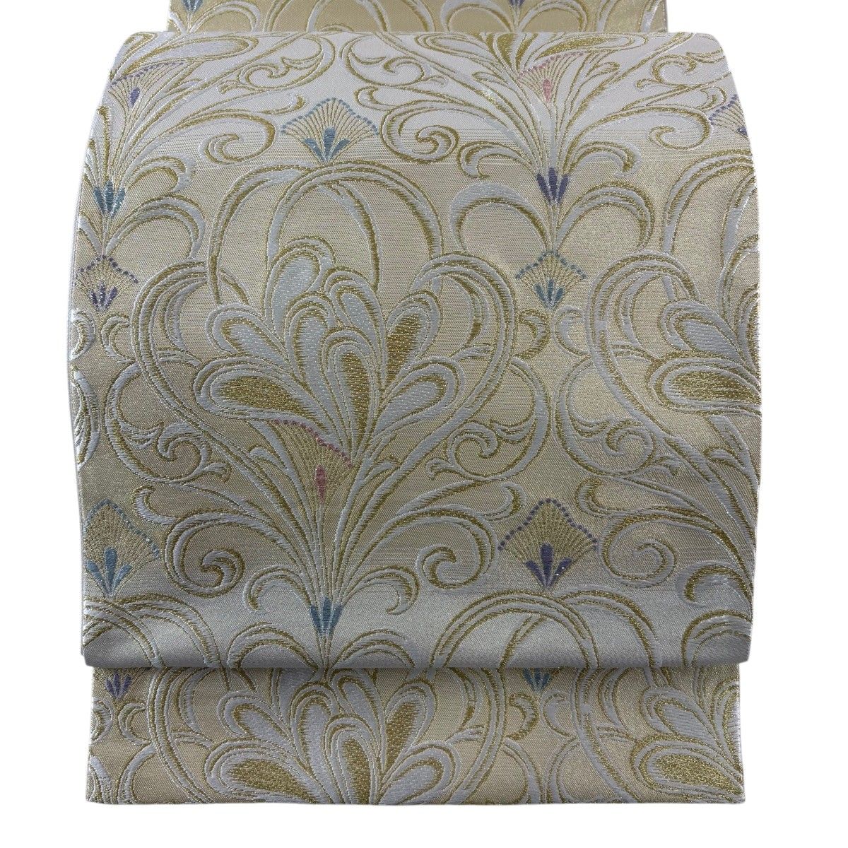 【美品】 袋帯 名品 真珠箔 花唐草 金糸 箔 クリーム 六通 正絹 【中古】