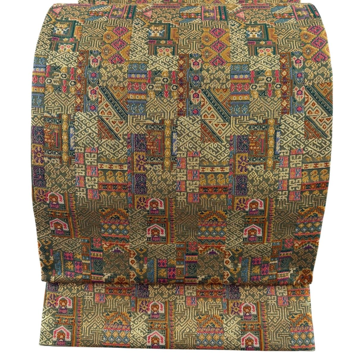 【美品】 袋帯 名品 人物 草花 箔 金糸 緑 六通 正絹 【中古】