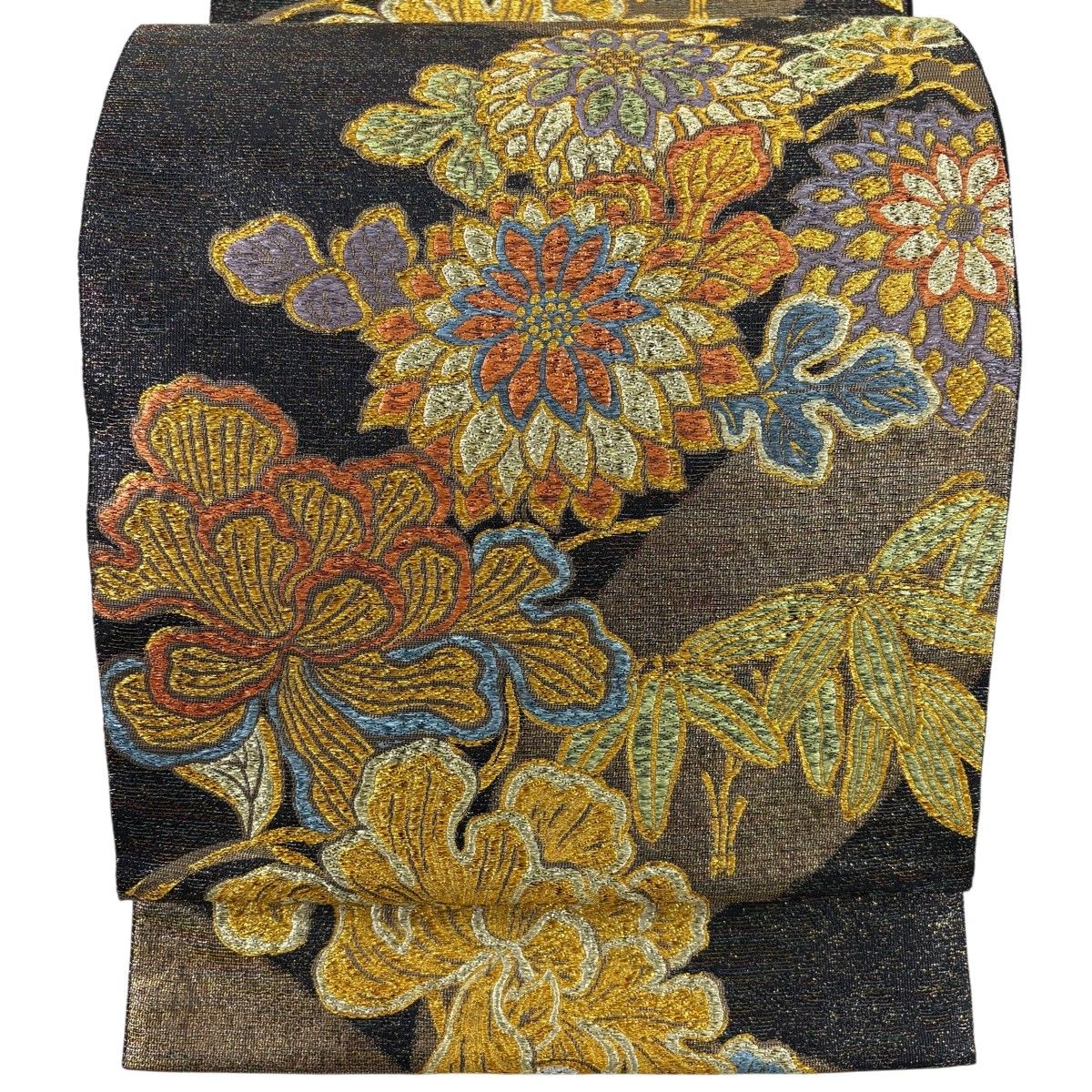 【美品】 袋帯 名品 草花 箔 墨色 六通 正絹 【中古】