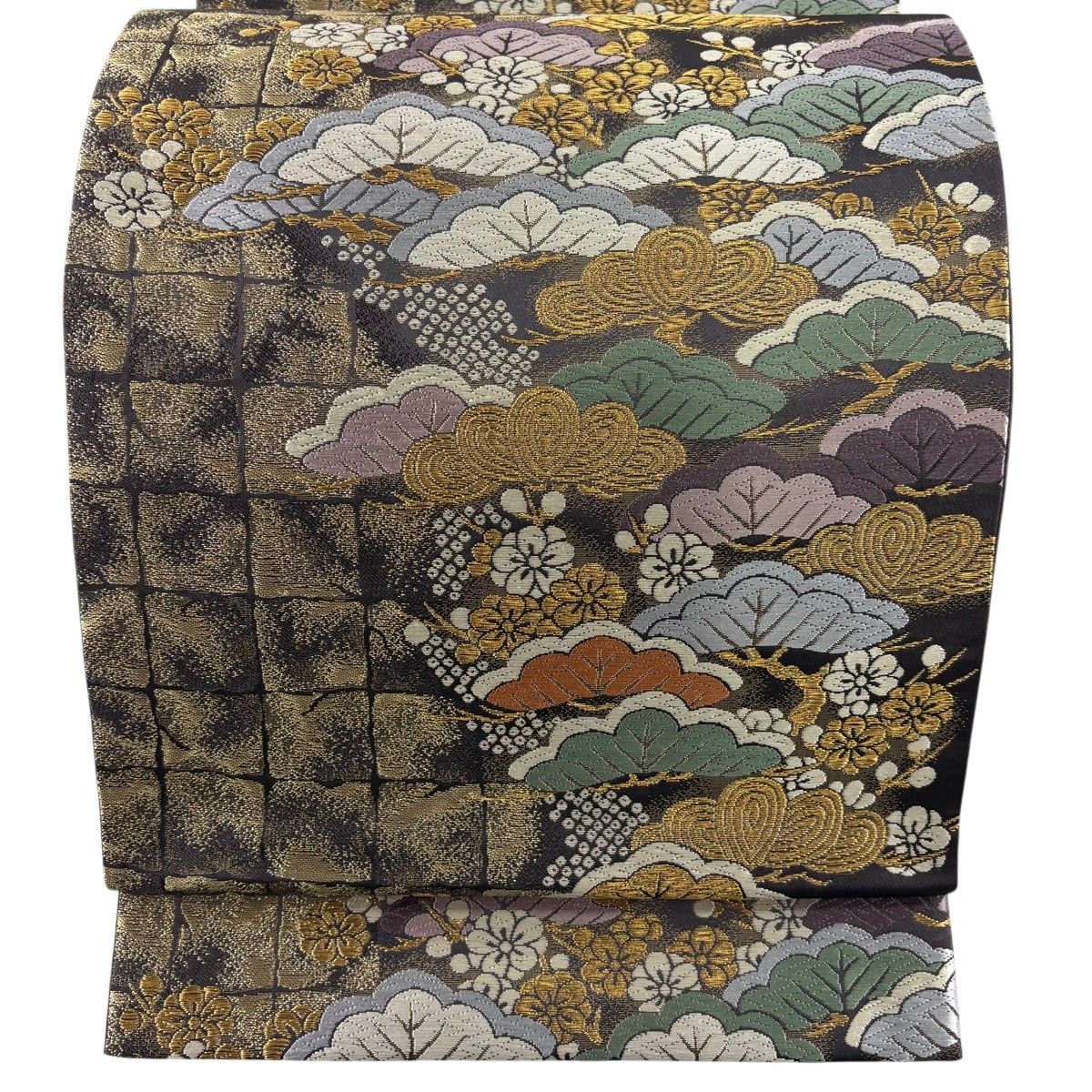 【美品】 袋帯 名品 松 梅 金糸 箔 焦茶色 六通 正絹 【中古】