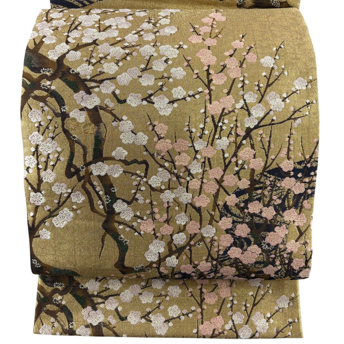 【美品】 袋帯 名品 リバーシブル 枝梅 観世水 金色 全通 正絹 【中古】